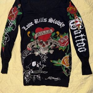 Ed Hardy Black V-Neck long sleeve Tee with Bold Graphics